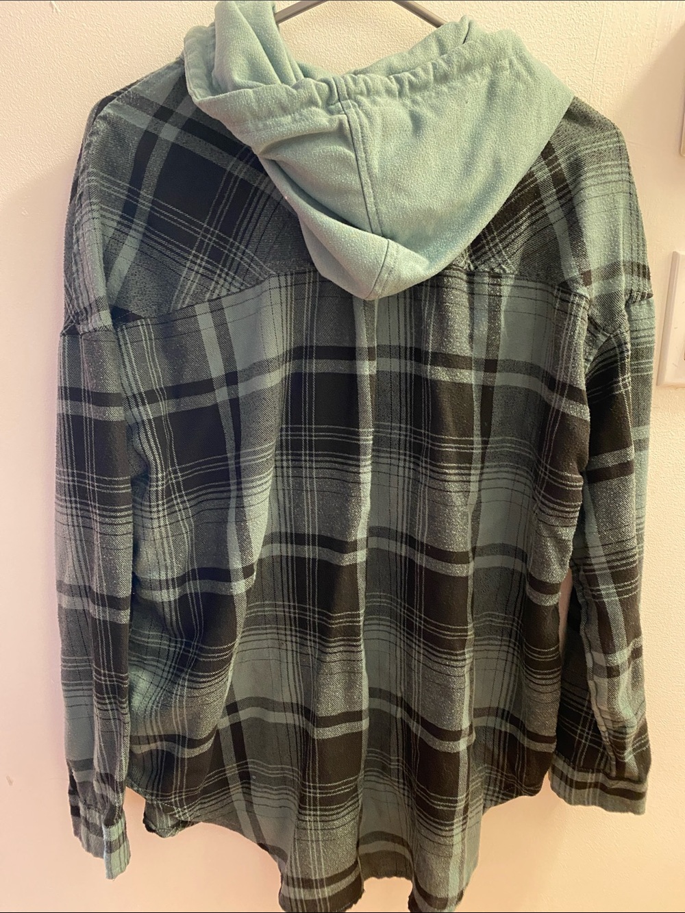 Ardene Mint Green and Black Plaid Button-Down Shirt with Hood - Picture 2 of 2